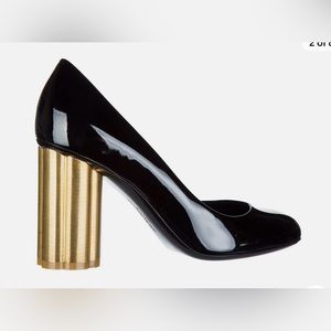 Salvatore Ferragamo black patent leather with gold woven heels
